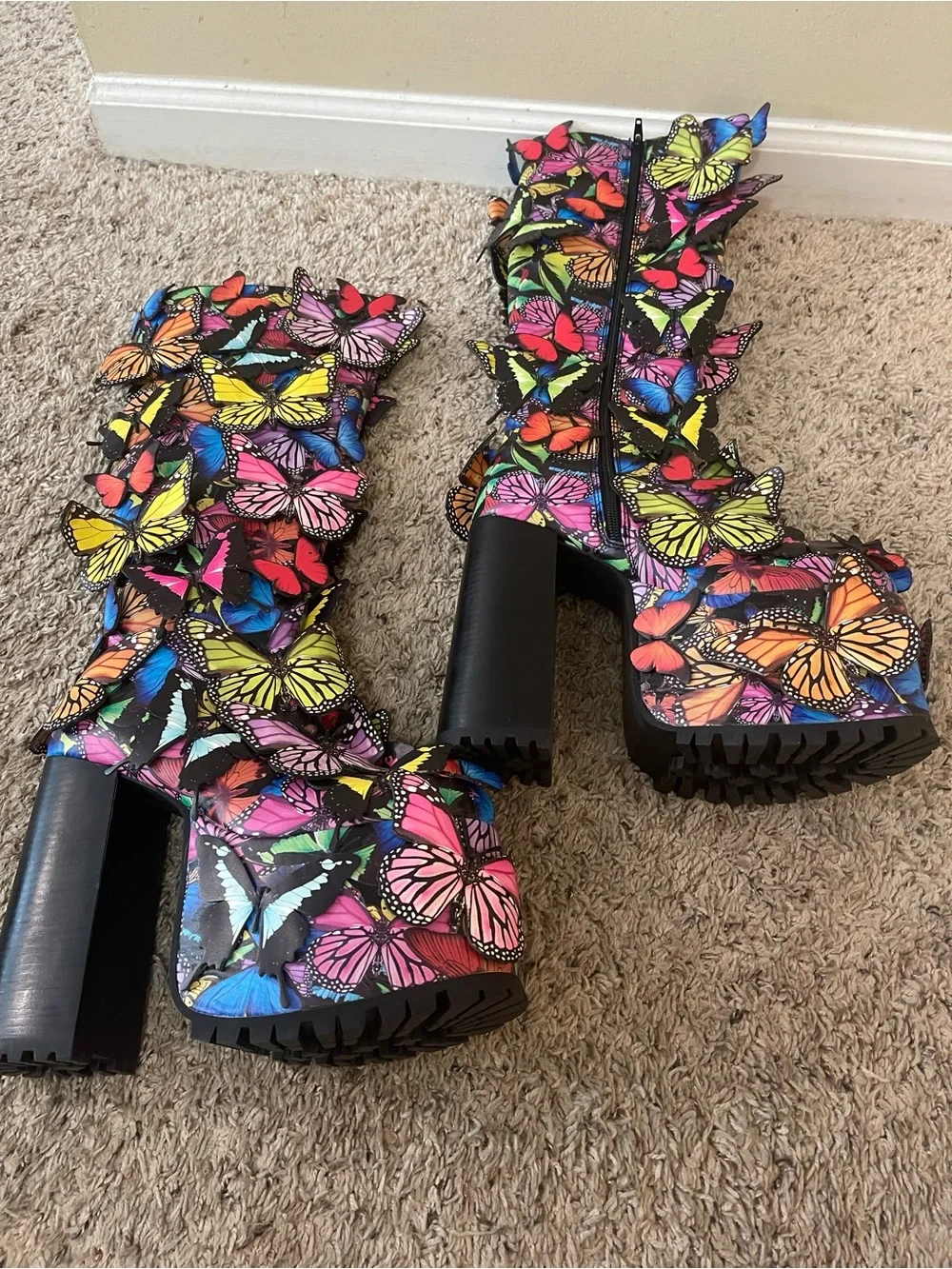 3D Butterfly Embellished Platform Knee-High Boots - Multicolor
